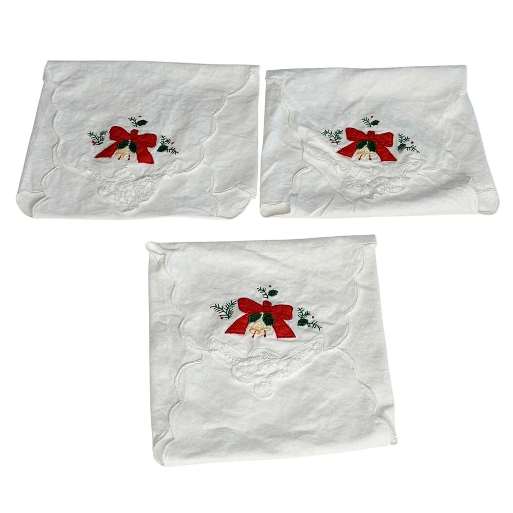 Vintage Christmas Embroidered Scalloped Linen Napkins White Red Bow Bells‎ Set 3